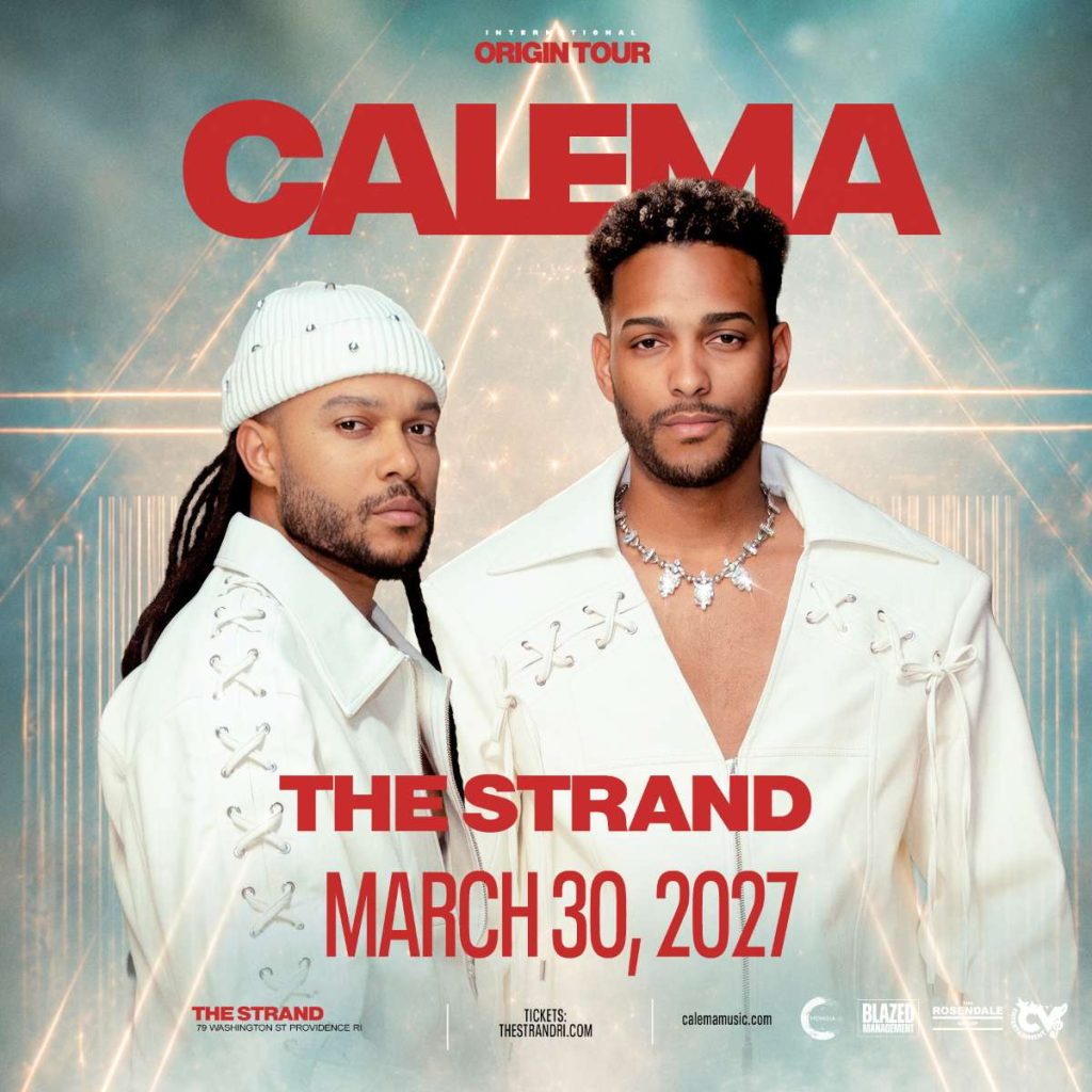 Two male musicians pose in stylish white outfits, promoting their concert at The Strand on March 30, 2027.