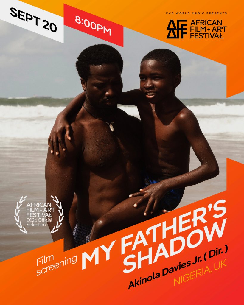 A man and boy embrace at the beach, promoting the film "My Father's Shadow" screening.