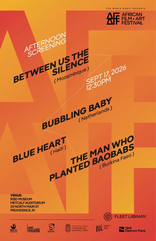 Poster for the African Film + Art Festival featuring four film titles and screening details.
