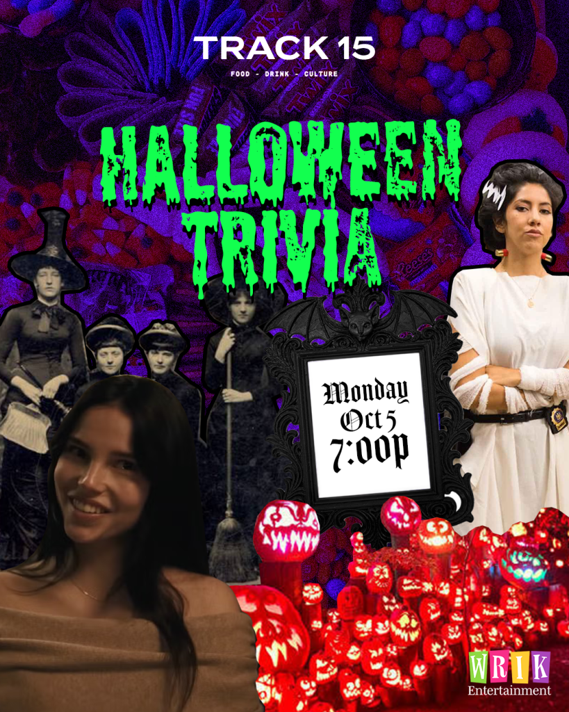 Halloween trivia event poster featuring pumpkins, costumed figures, and event details.
