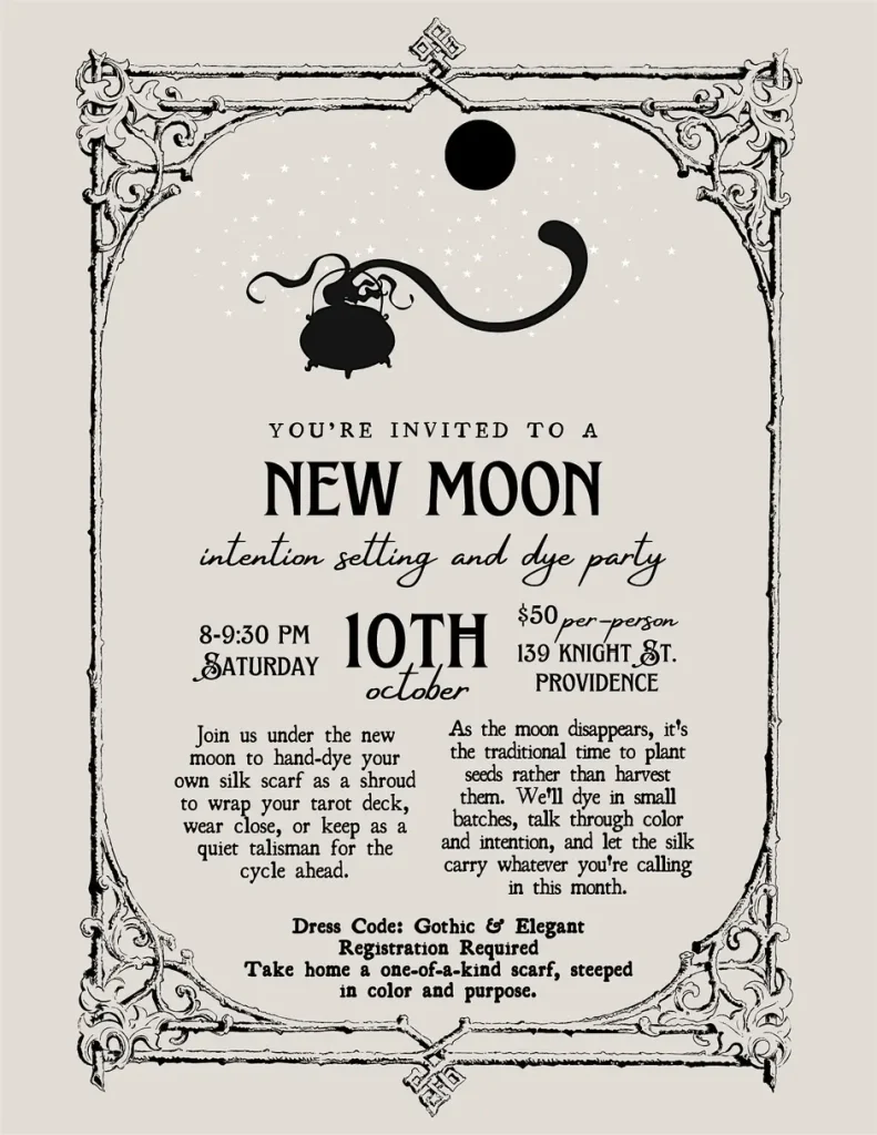 Invitation to a New Moon intention setting and dye party on October 10th, 8-9:30 PM in Providence.