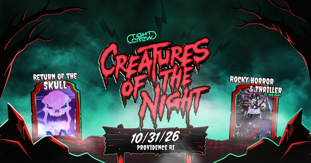 Promotional poster for "Creatures of the Night" featuring "Return of the Skull" and "Rocky Horror & Thriller." Event details included.