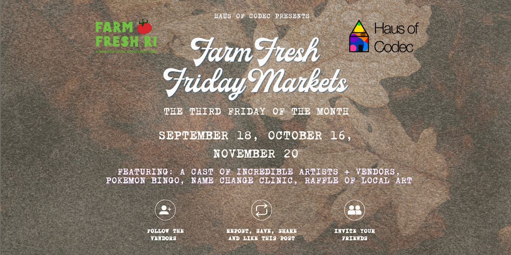 Event poster for Farm Fresh Friday Markets, featuring dates, activities, and local vendors.