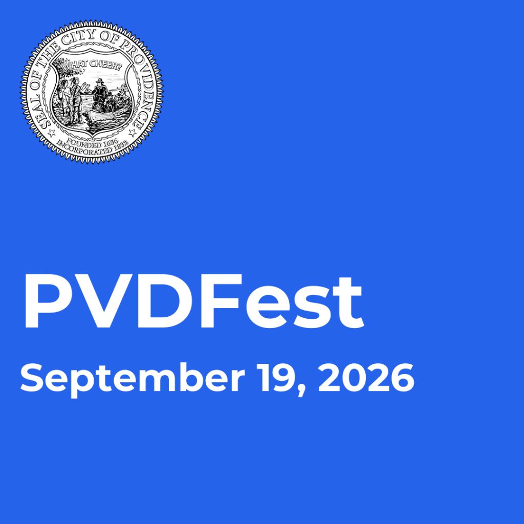 Colorful graphic featuring "PVD Fest" text, buildings, a fire truck, musical notes, and people enjoying activities.