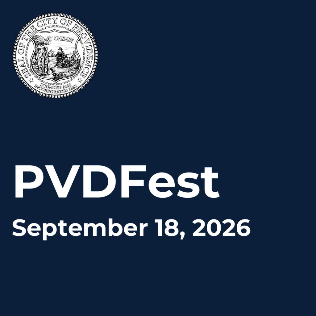 Colorful illustration featuring buildings, a fire truck, and people enjoying music and nature at PVD Fest.