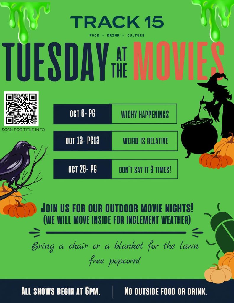 Event poster for outdoor movie nights at Track 15, featuring movie titles, dates, and details about seating and snacks.