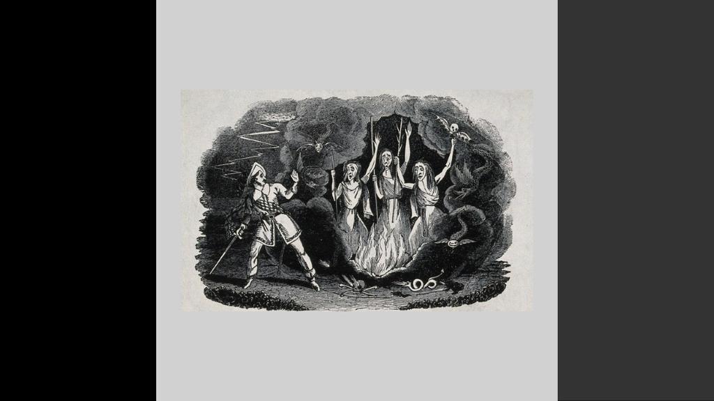 A figure in a cloak stands near a fire, while three figures raise their arms, surrounded by dark foliage and skulls.