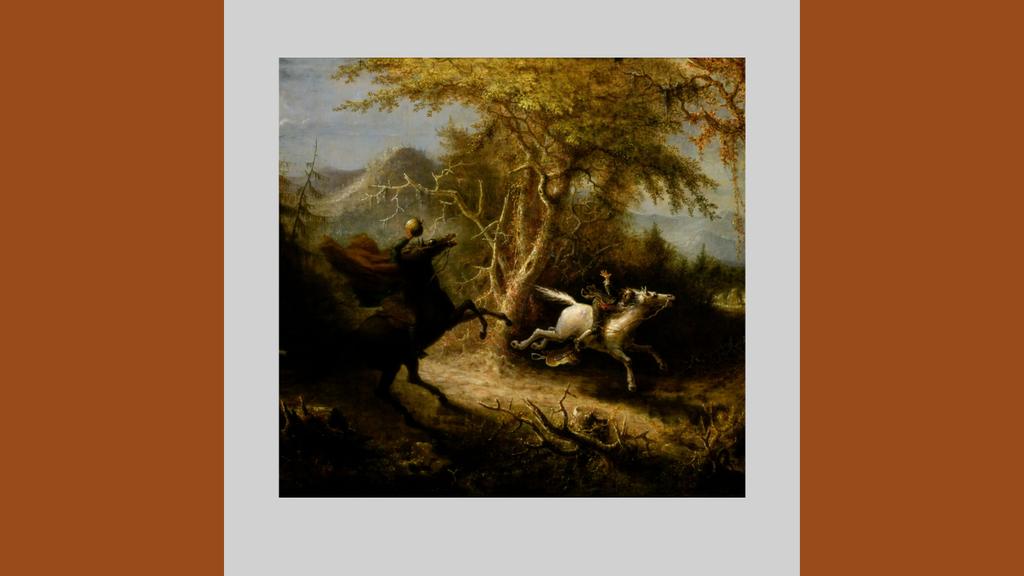 A rider on a galloping horse pursues another figure in a dark, wooded landscape.