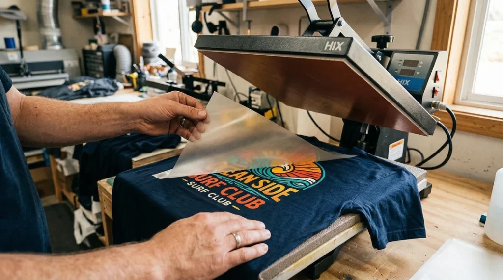 A person places a transfer sheet on a blue shirt under a heat press in a workshop.