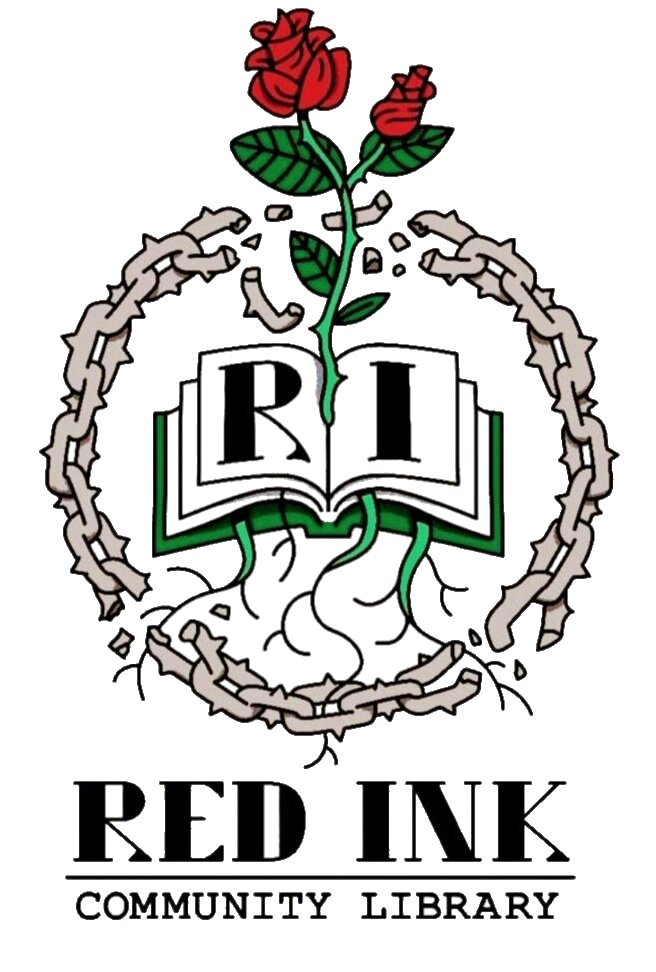 Logo features an open book with "RI," surrounded by a rose and chain, labeled "RED INK COMMUNITY LIBRARY.