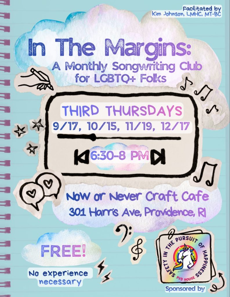 Monthly songwriting club for LGBTQ+ folks, hosted by Kim Johnson at Now or Never Craft Cafe in Providence, RI.