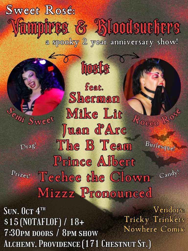 Two hosts, Semi Sweet and Rocco Rosé, promote a spooky anniversary show featuring various performers and vendors.