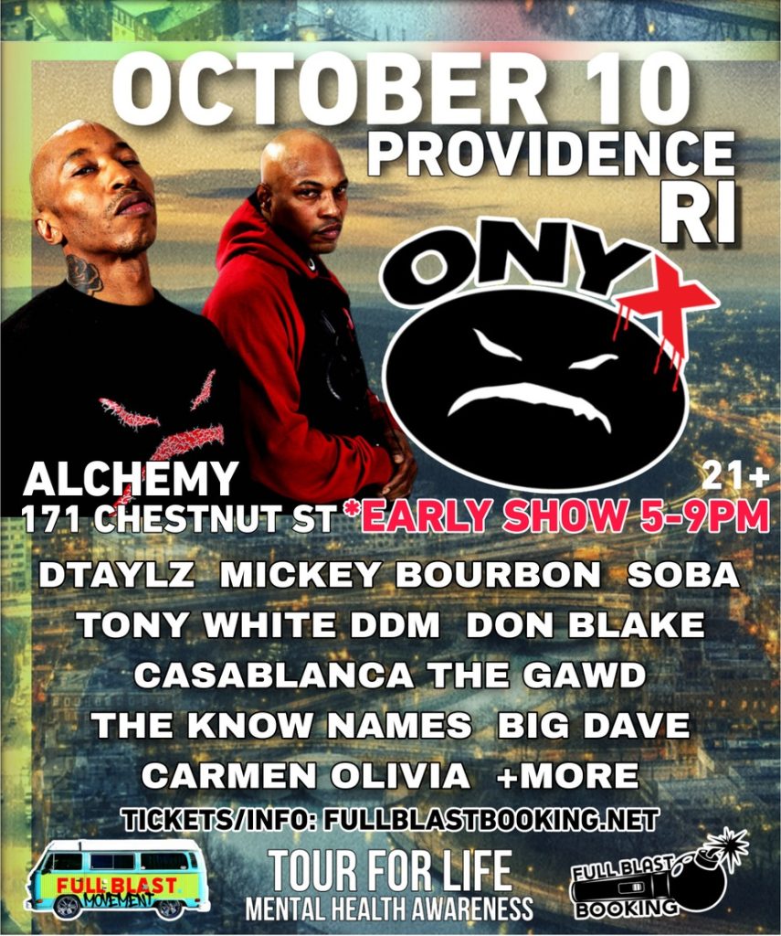 Two men pose for a promotional flyer for an October 10 concert in Providence, RI, featuring multiple artists.