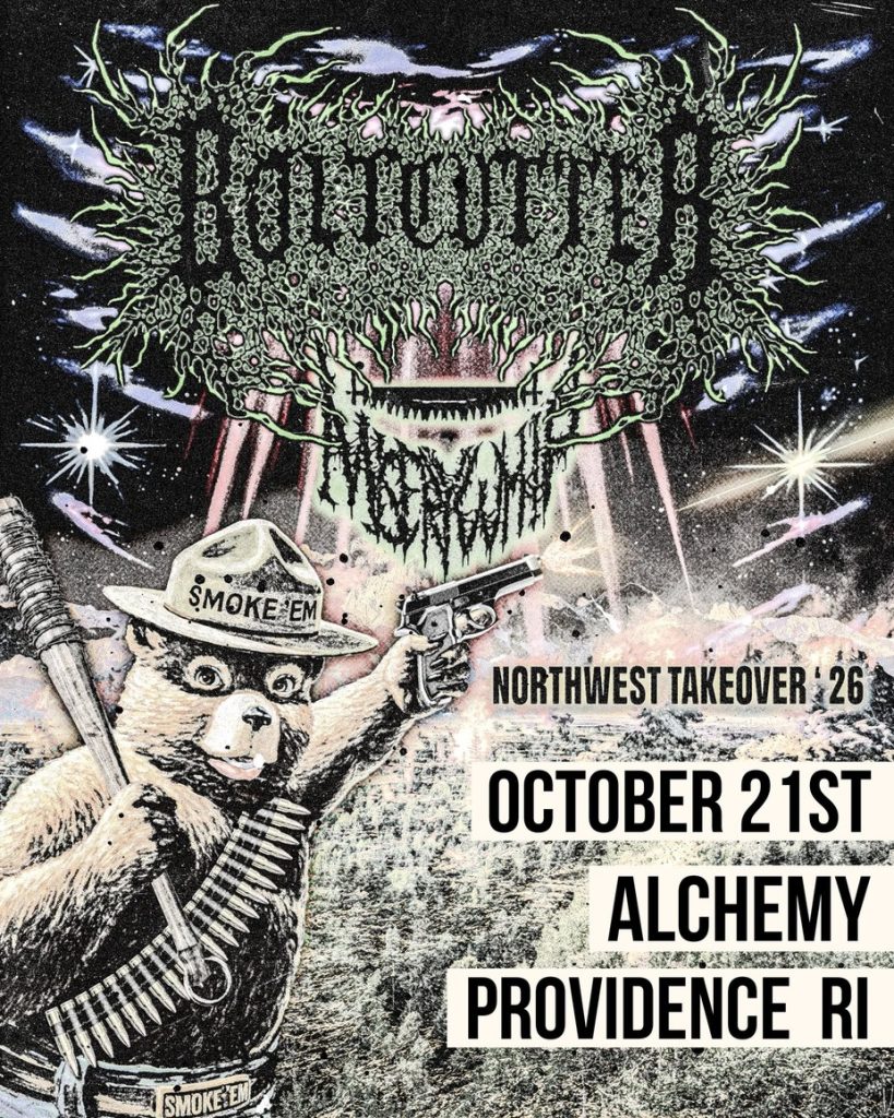 A bear in a hat holds a gun and a club, promoting a music event in Providence, RI on October 21st.