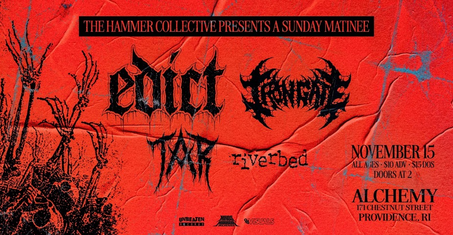Promotional poster for a concert featuring Edict, Fracture, Tarp, and Riverbed on November 15 at Alchemy, Providence.