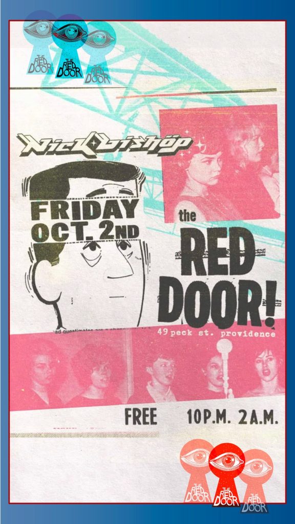 Event flyer for "The Red Door" featuring Nick Bishop, date, time, and images of attendees.