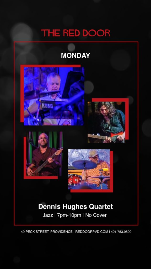 Jazz performance by Dennis Hughes Quartet featuring musicians playing drums, guitar, and bass. No cover charge.