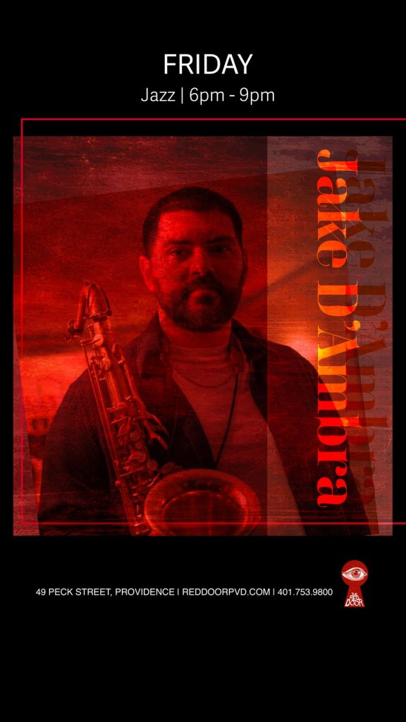 A man holds a saxophone, promoting a jazz event featuring Jake D'Ambra on Friday evening.