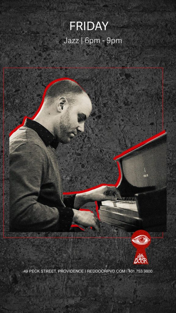 A musician plays piano, promoting a Friday jazz event from 6 PM to 9 PM. Venue details included.