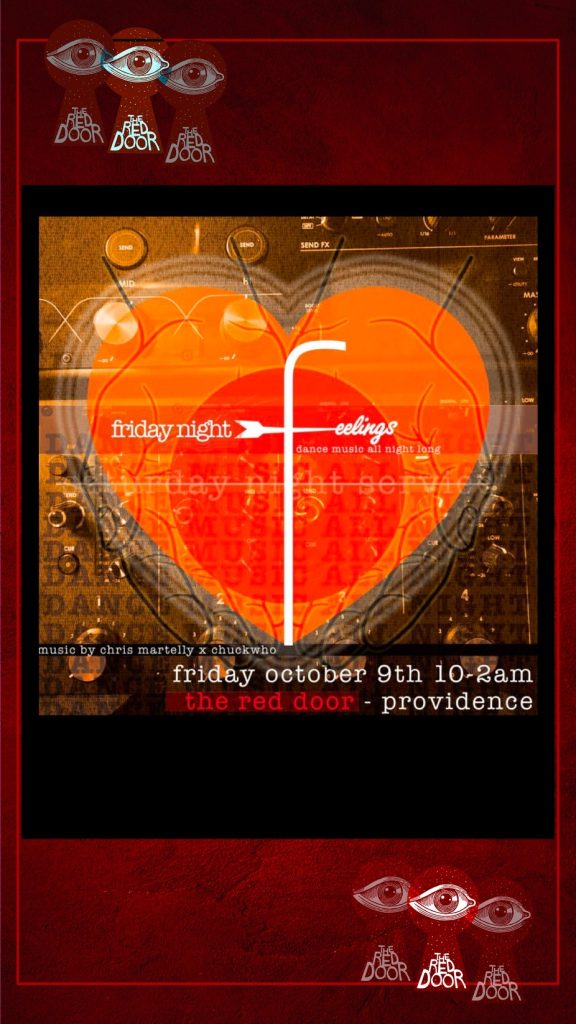 Event poster for "Friday Night Feelings" at The Red Door, featuring music by Chris Martelly and Chuckwho.