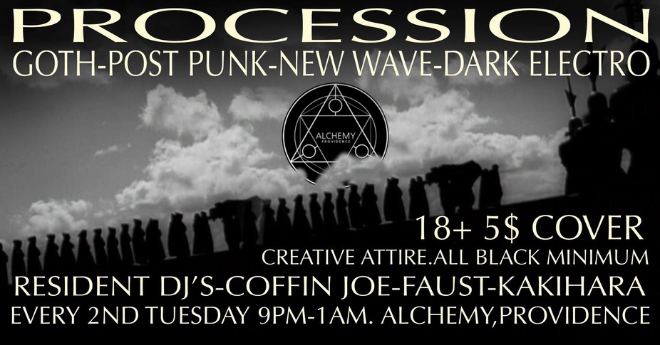 Event flyer for "Procession," featuring goth and post-punk music, with details on age, cover charge, and attire.