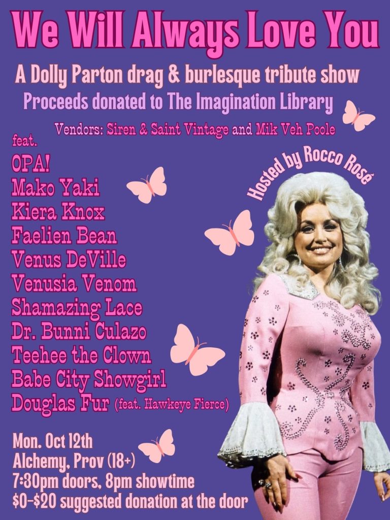 Poster for a Dolly Parton drag and burlesque tribute show, featuring various performers and vendors.