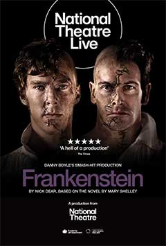 Two actors with stitched facial scars portray characters from "Frankenstein." The title and production details are displayed.