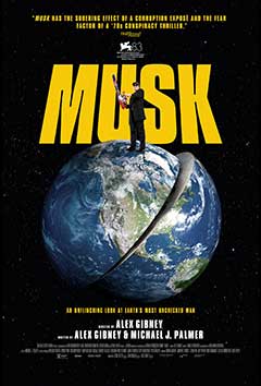 A man in a suit stands on a globe, holding a briefcase, with the title "Musk" prominently displayed.