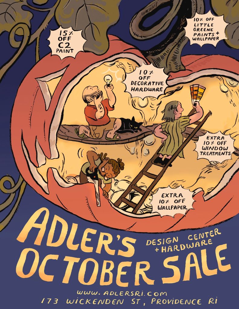 A cartoon scene inside a giant pumpkin features people shopping for paint, hardware, and wallpaper discounts.