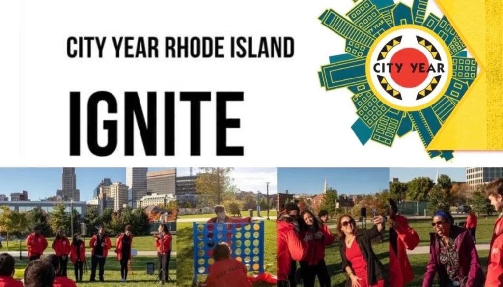City Year Rhode Island event with participants in red jackets engaging in activities and games outdoors.