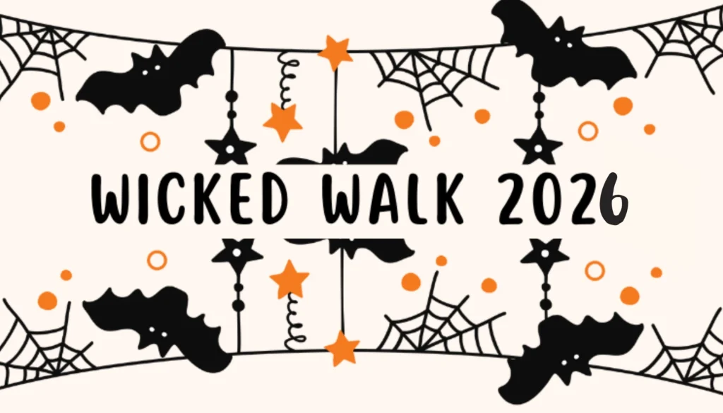 Text reads "Wicked Walk 2026" with bats, stars, and spider webs as decorative elements.