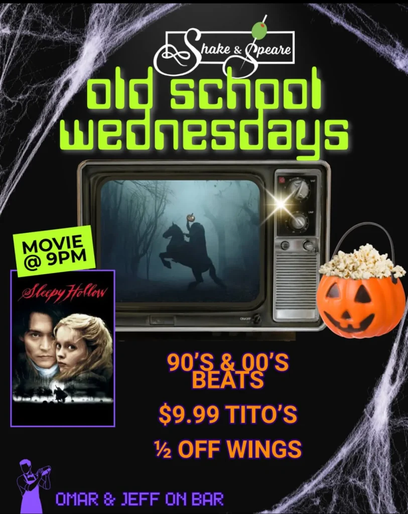 Promotional poster for "Old School Wednesdays" featuring a vintage TV, Halloween themes, and movie details.