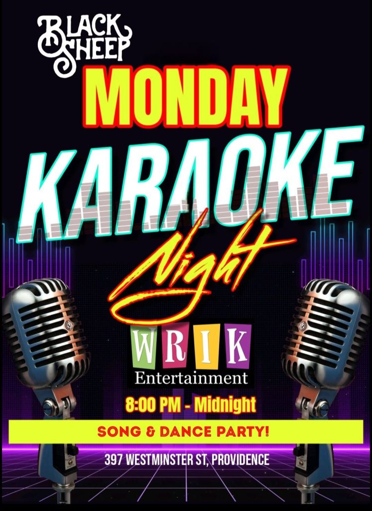 Karaoke night advertisement featuring microphones, event details, and location at Black Sheep, Providence.