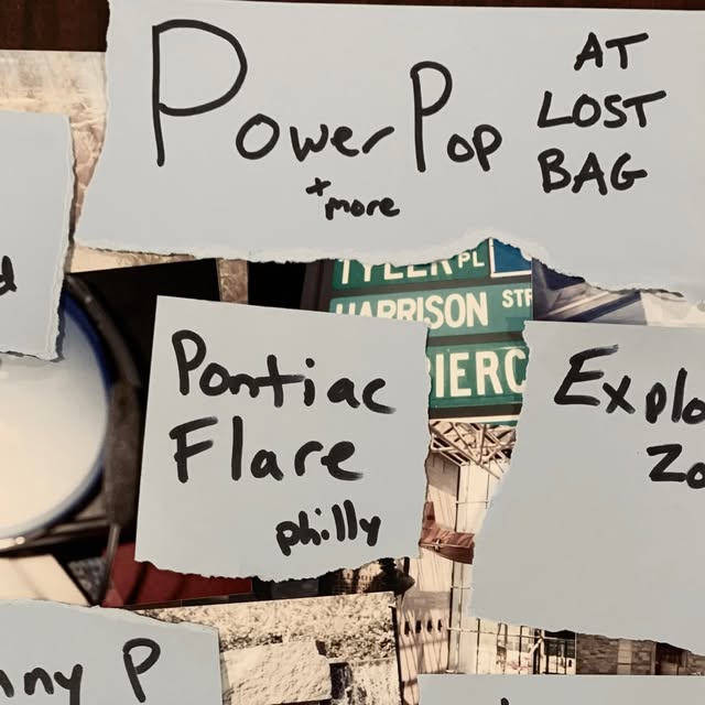 Event flyer featuring "Power Pop" at Lost Bag, with "Pontiac Flare" and "Exploratory Zone" listed.