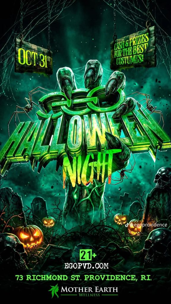 Halloween event poster featuring spooky graphics, pumpkins, and details for costume prizes. Date: October 31st.