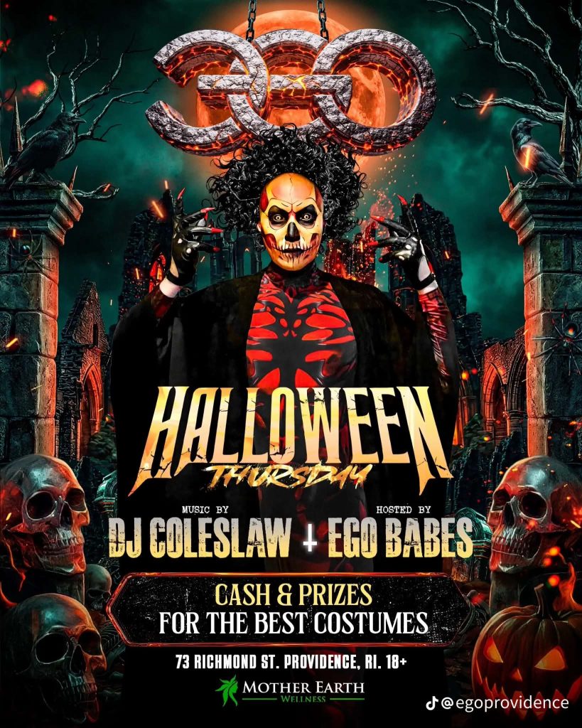 A skeleton-themed figure poses in front of a spooky backdrop, promoting a Halloween event with music and costume prizes.