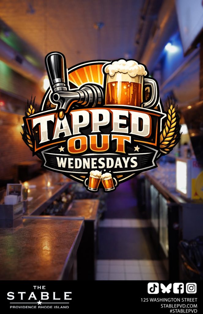 Bar interior featuring a promotional sign for "Tapped Out Wednesdays" with beer imagery.