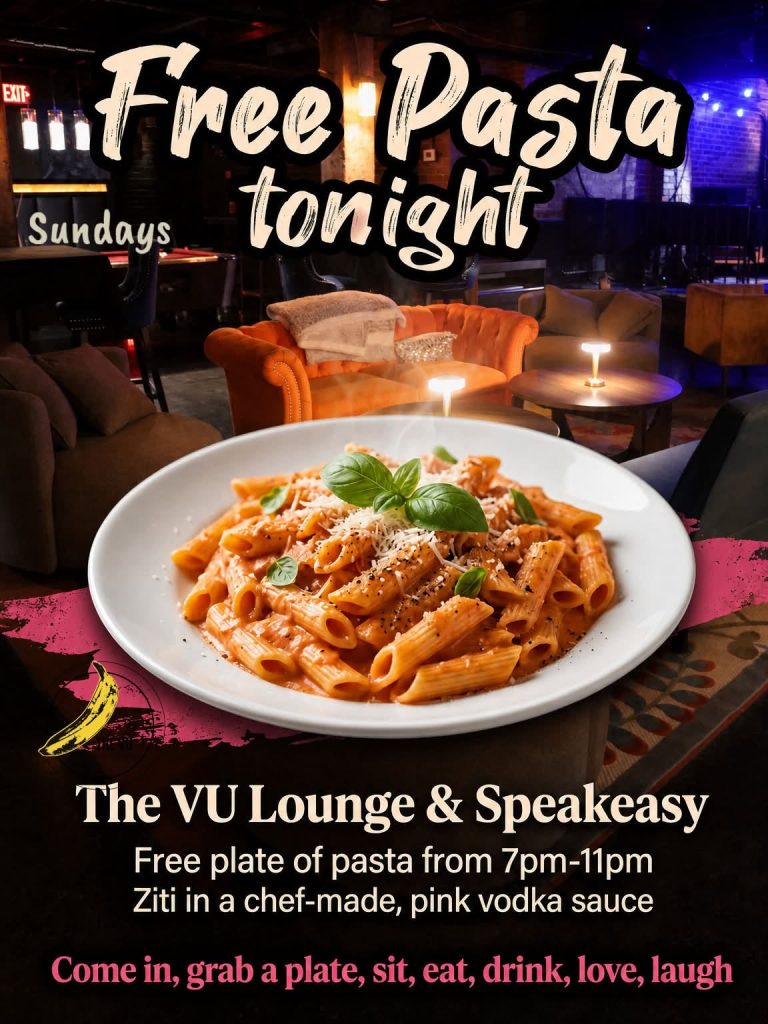 A plate of ziti pasta in pink vodka sauce, with text promoting free pasta night at The VU Lounge.