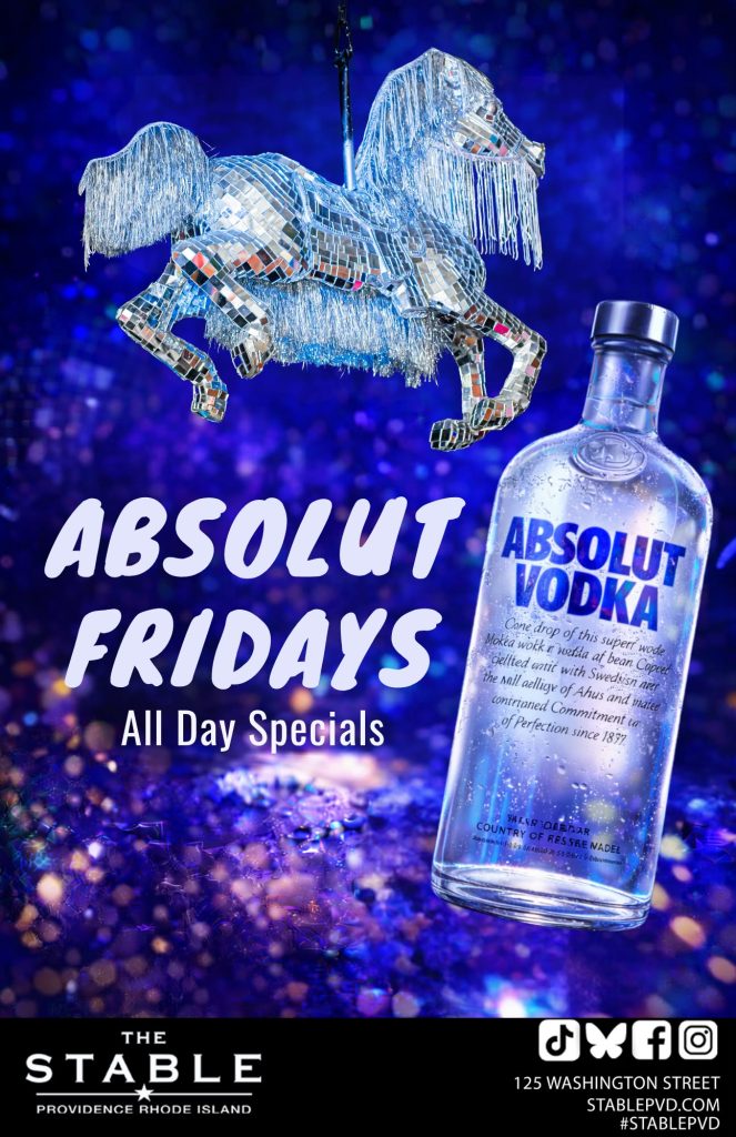 A disco horse hangs above a vodka bottle, promoting "Absolut Fridays" at The Stable in Providence, Rhode Island.