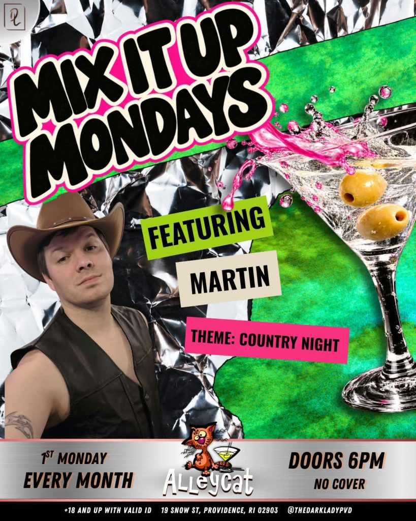 A man in a cowboy hat poses beside a martini glass, promoting "Mix It Up Mondays" at Alleycat.