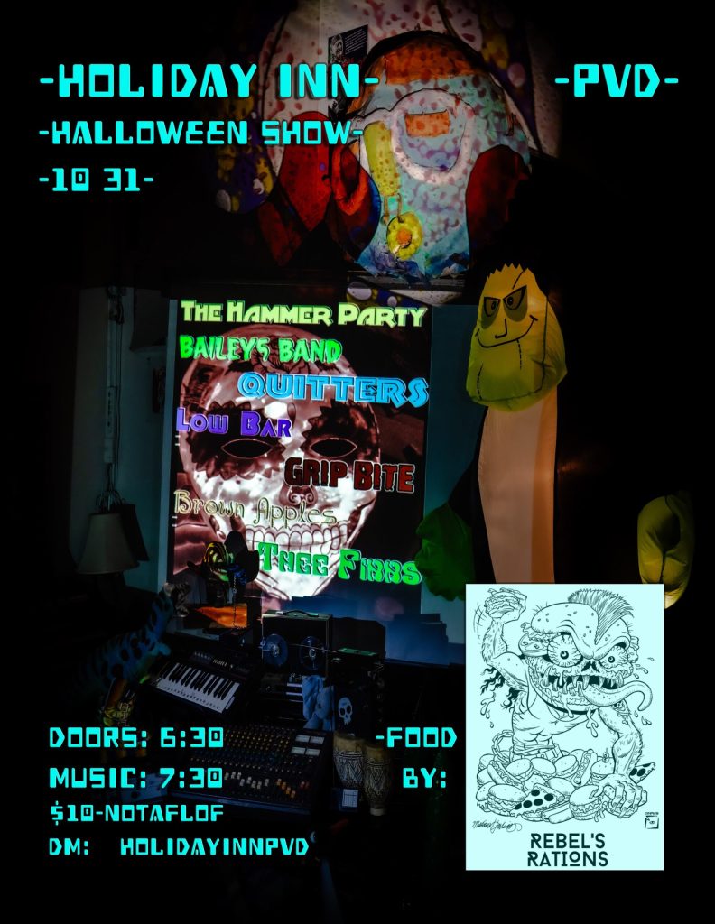 Halloween show flyer featuring band names, event details, and food vendor information. Colorful decorations in background.