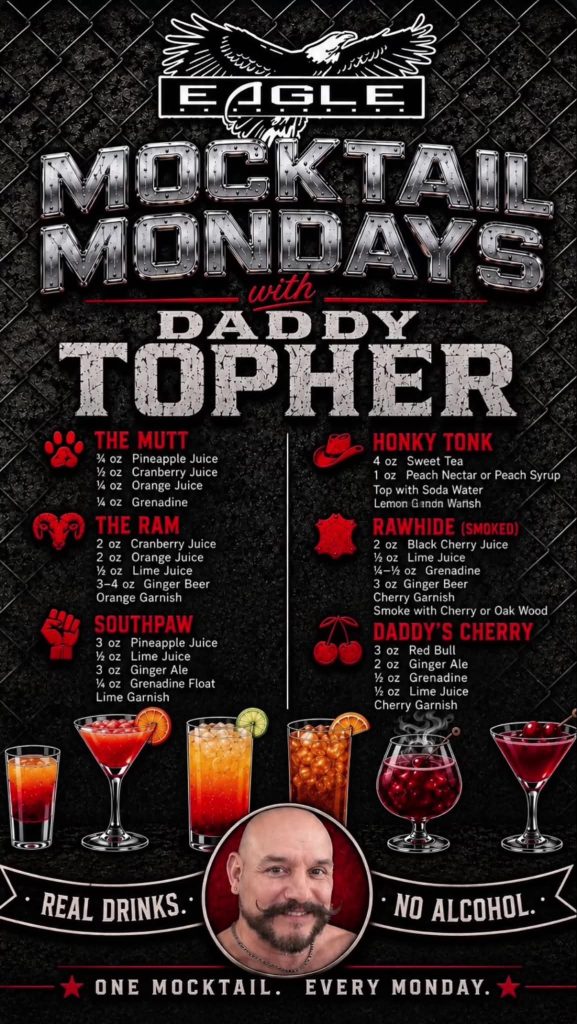 Menu for "Mocktail Mondays" featuring various non-alcoholic drink recipes and a host, Daddy Topher.
