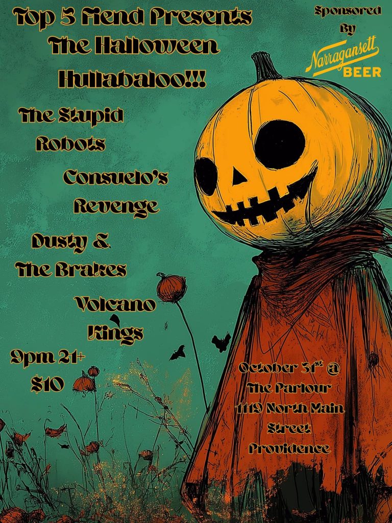 Halloween event poster featuring a pumpkin character, band names, date, and venue details.