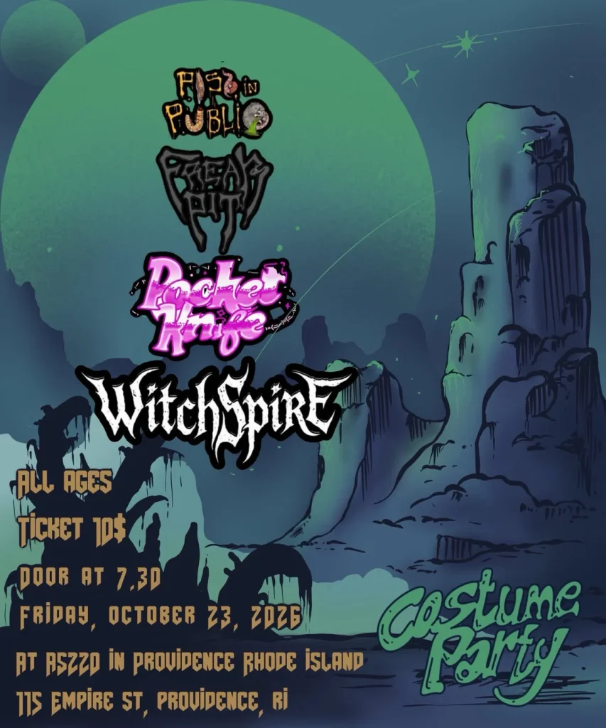 Event poster for a costume party featuring bands: Fit in Public, Freak Pit, Pocket Knife, and WitchSpire. Details included.