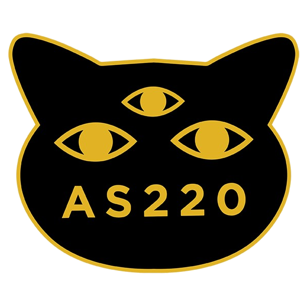 Black cat silhouette with three eyes and "AS220" text in gold.