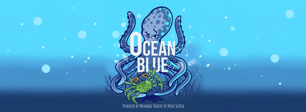 An octopus and a crab are featured against a blue underwater background, with "OCEAN BLUE" text prominently displayed.