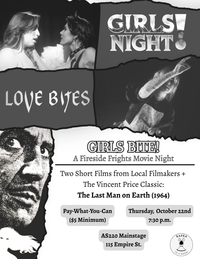 Promotional flyer for "Girls Night!" featuring two short films and "The Last Man on Earth." Event details included.