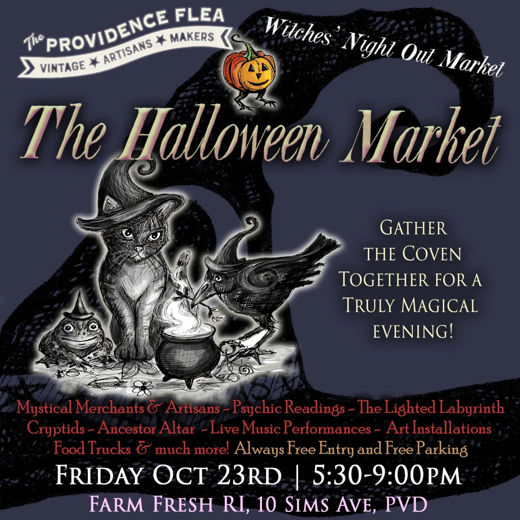 Promotional poster for The Halloween Market featuring a cat, crow, and frog around a cauldron. Event details included.