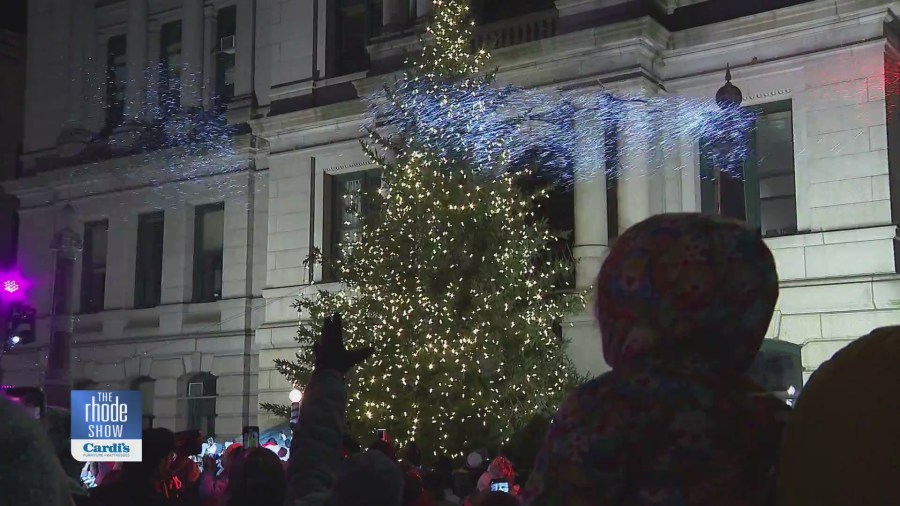 Crowd gathers around a brightly lit Christmas tree, with colorful lights and festive decorations.