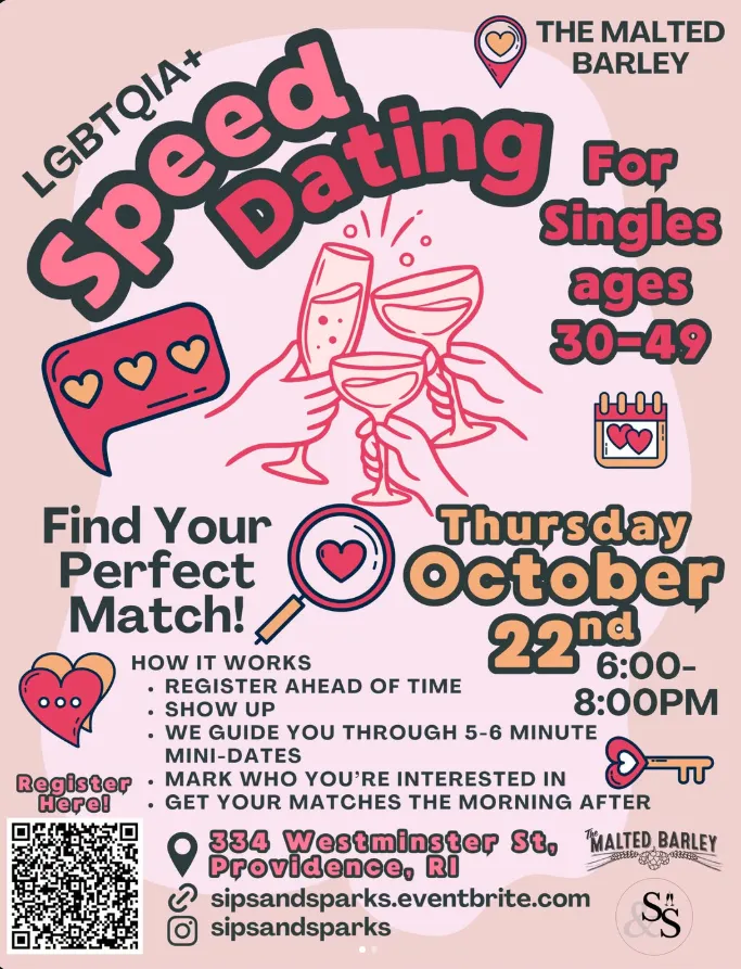 LGBTQIA+ speed dating event for singles ages 30-49 on October 22nd, 6:00-8:00 PM at The Malted Barley.